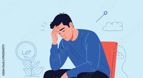 Frustrated man sitting with his hand on his forehead showing signs of stress or headache against a light blue abstract background.