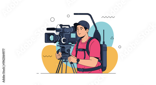 Professional cameraman in a red shirt and cap operating a large video camera on a tripod against an abstract colorful background.