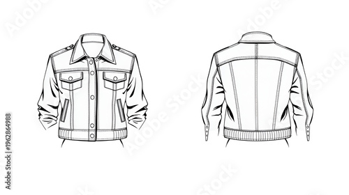 Fashion illustration of cropped jacket with front and back views, detailed stitching, modern outerwear design sketch for trendy apparel reference
