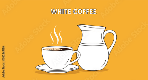 Illustration for white coffee featuring a steaming cup of dark coffee next to a large white jug filled with fresh milk on orange background.