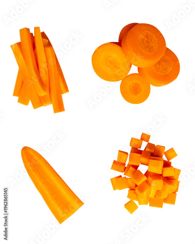 Top view set of orange carrot slices in cube circle and stick shapes in stack isolated with clipping path in png file format