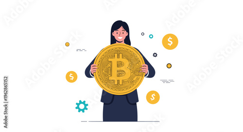 Professional woman holding a giant gold bitcoin coin symbolising cryptocurrency wealth and digital investment success.