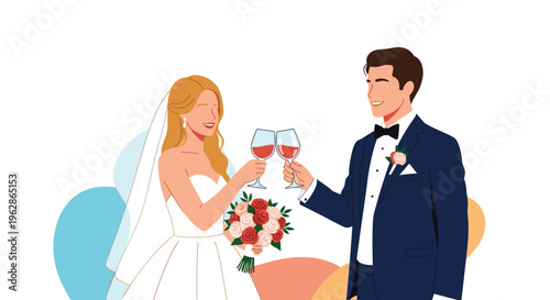 Happy bride and groom toasting with glasses of red wine during their wedding celebration holding a beautiful floral bouquet.