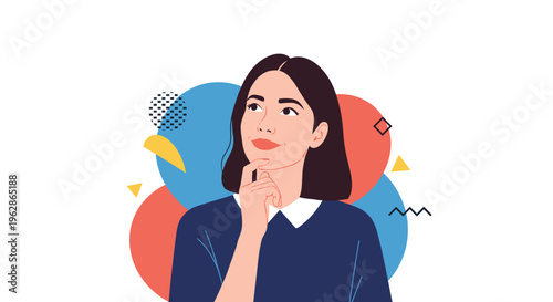 Thoughtful young woman looking upwards with a hand on her chin against a colorful abstract background of circles and shapes.