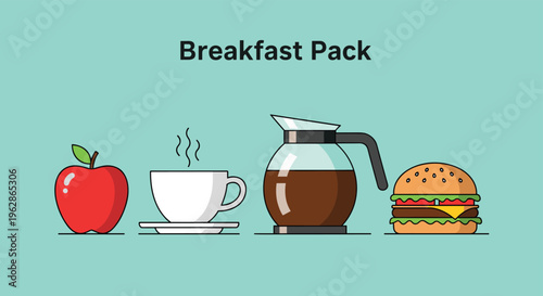 Comprehensive set of breakfast icons featuring a red apple, a steaming cup of coffee, a large coffee carafe, and a classic hamburger.