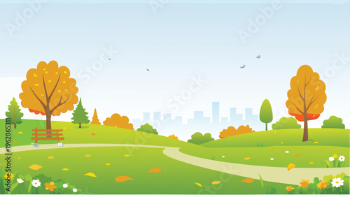 A serene park scene with autumn foliage and a distant cityscape