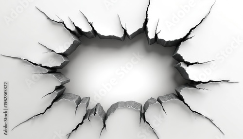 Torn ragged hole appears in plain wall surface. Cracked jagged aperture breaks through sheet metal. Abstract destruction texture, grunge background effect.