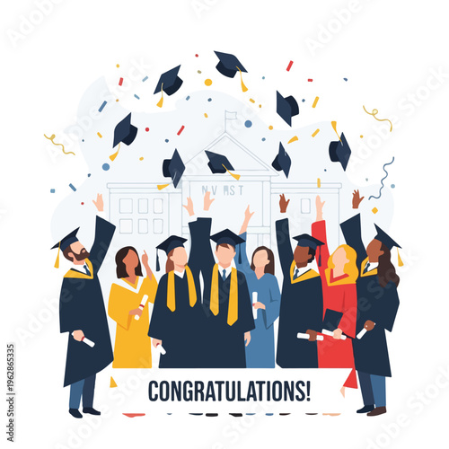 Illustration of graduates celebrating, tossing caps, and confetti