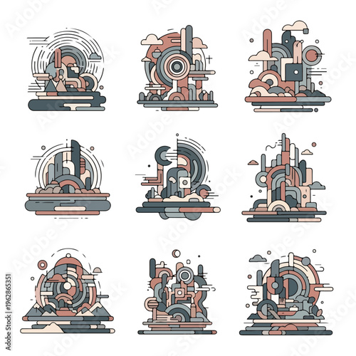 Nine stylized abstract compositions featuring geometric forms and muted colors