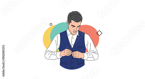 Elegant man wearing a crisp white shirt and a blue vest carefully fastens a button while getting ready for a formal wedding event.