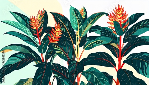 Vibrant Tropical Ginger Botanical Illustration with Lush Green Leaves