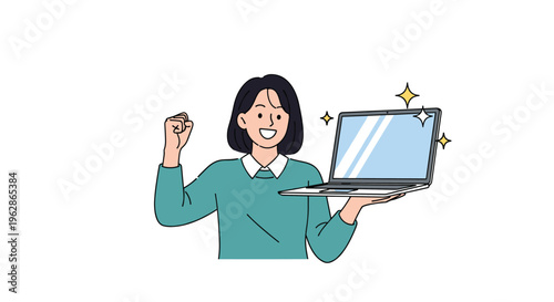 Enthusiastic young woman holds a shiny new laptop with sparkles and celebrates her success with an energetic raised fist gesture.
