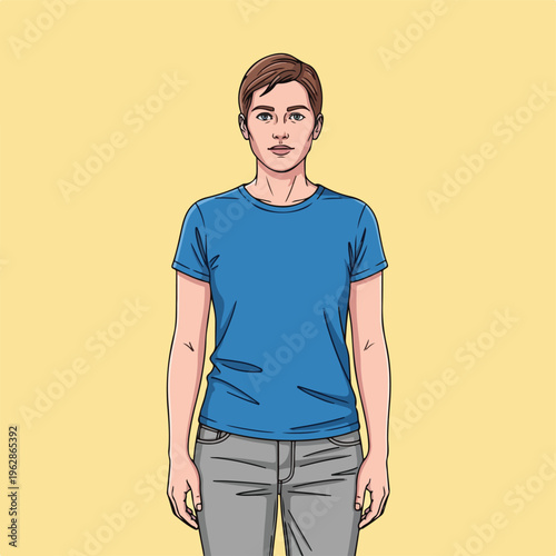 A cartoonish portrait of a person in casual attire and light background