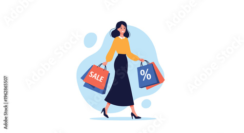 Fashionable woman walks happily while carrying several colorful shopping bags with sale and percentage symbols during a seasonal sale.