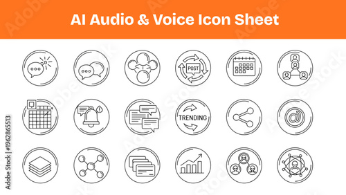 AI Video Creation Line Icons Set, Automated Editing Outline Symbols, Black Circle Monoline Pack