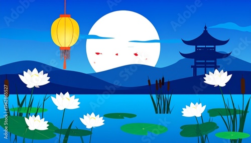 Mid-Autumn Festival Night Landscape with Full Moon Pagoda and Lotus Flowers