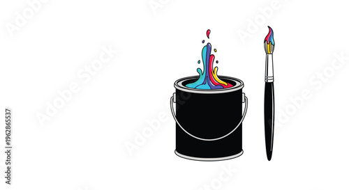 Open black paint bucket with colorful paint splashes bursting out next to a professional paintbrush dipped in bright rainbow colors.
