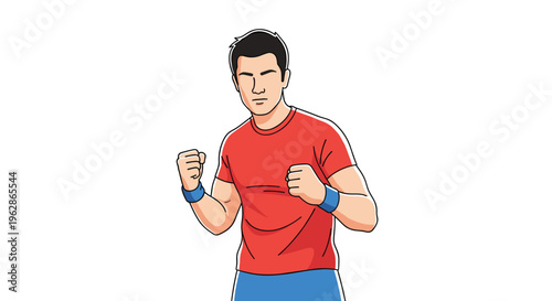 Determined young man in a red t-shirt and blue shorts stands in a professional boxing stance with clenched fists ready for a fight.