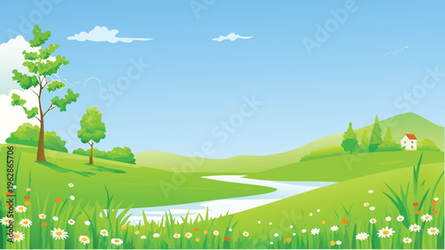 A bright landscape featuring a winding river trees and a small house