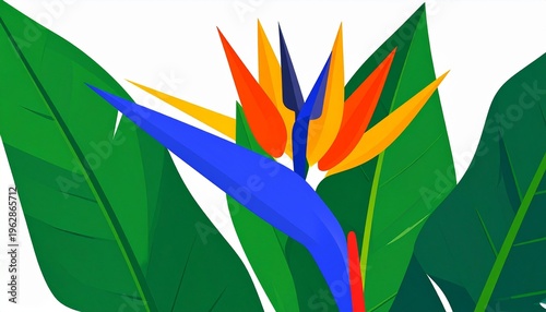 Stylized Bird of Paradise Flower with Lush Tropical Green Leaves on White