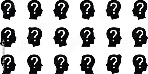 Question mark head silhouette vector set with thinking confusion symbols human profile icons black collection isolated
