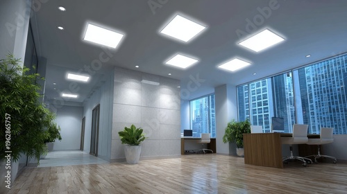 Modern and Bright Office Space with Large Windows, Green Plants, Wooden Flooring, and Contemporary Furniture Setup