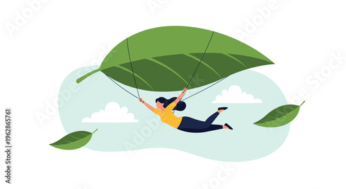 Adventurous young woman flies through the air using a giant green leaf as a parachute against a soft blue sky with fluffy white clouds.