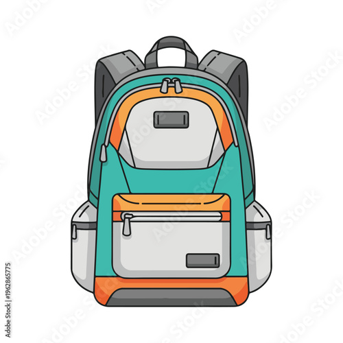 A brightly colored backpack illustration with vibrant teal and orange panels