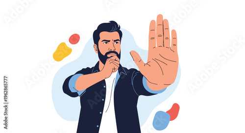Serious man with a dark beard holds his hand out in a firm stop gesture to show rejection, denial, or a warning toward the viewer.