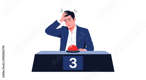 Nervous man in a dark business suit stands behind a podium and hesitates to press a large red emergency button during a game show.