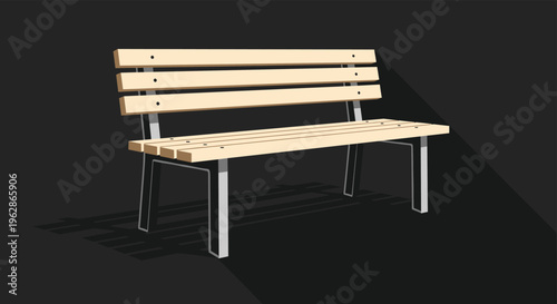Classic wooden park bench with black metal legs casting a long shadow against a dark grey background for urban and park design.