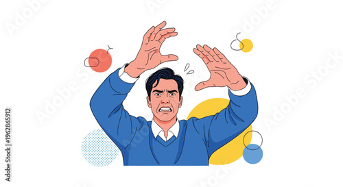 Middle aged man expressing extreme stress and anxiety with hands raised in a protective gesture on plain white background.