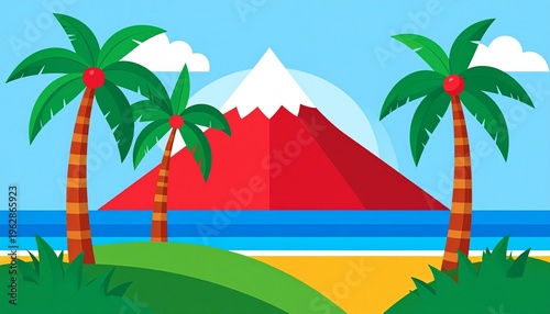 Tropical Beach Landscape with Volcano and Palm Trees Flat Design Illustration