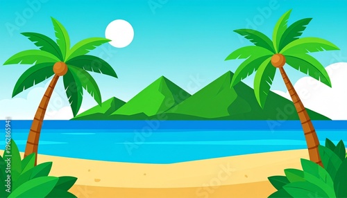 Tropical Beach Landscape Illustration with Palm Trees Mountains and Blue Sea