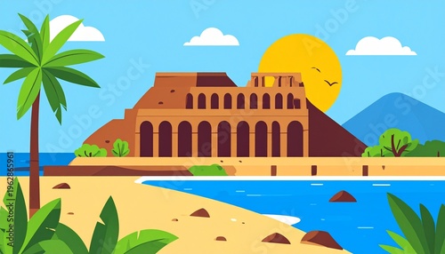 Flat vector illustration of ancient amphitheater ruins by the sea at sunset