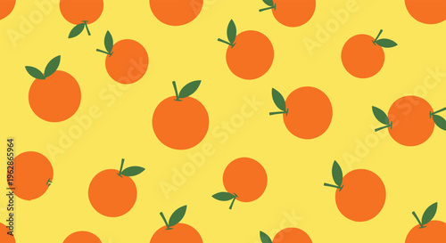 Seamless pattern featuring vibrant orange fruits with green leaves scattered across a bright sunny yellow background.