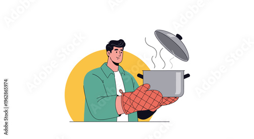 Male home cook wearing protective oven mitts while holding a large silver pot with steam rising from cooked food.