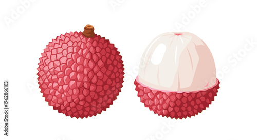 Pair of exotic lychee fruits featuring one whole red bumpy skin and another peeled to reveal the juicy white flesh.