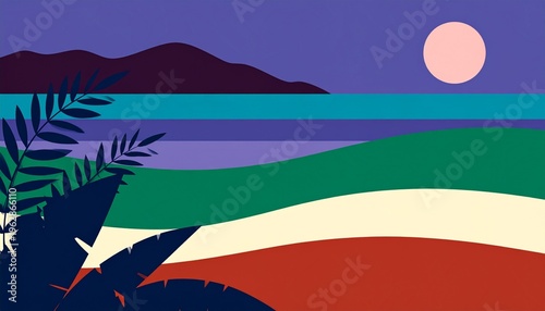 Minimalist Abstract Tropical Beach Landscape with Moon and Mountains
