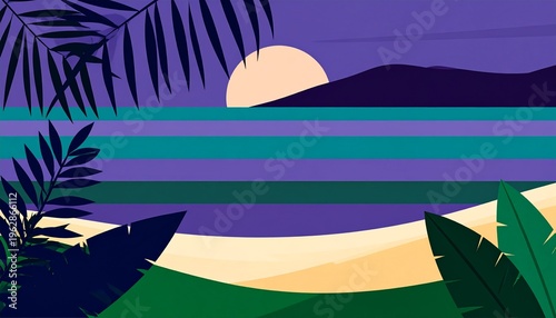 Minimalist Tropical Night Beach Illustration with Moon and Palm Leaves