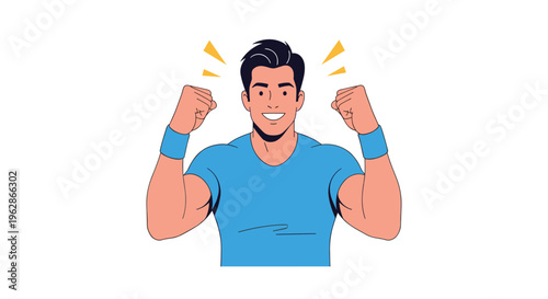 Strong muscular man wearing blue athletic clothes with his fists clenched and raised in a triumphant gesture of success.