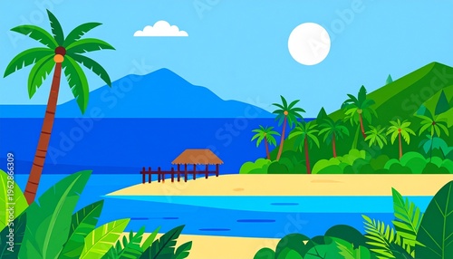 Tropical Paradise Beach Landscape Illustration with Palm Trees and Ocean