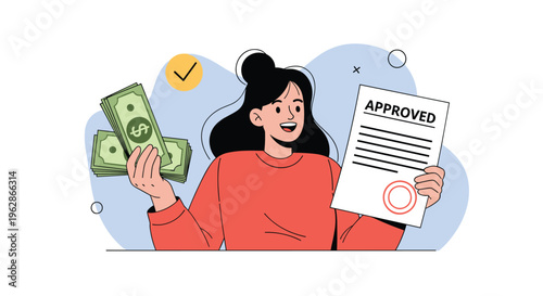 Joyful woman holding a bundle of cash and an officially approved document celebrating her successful financial loan.