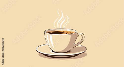 Classic white porcelain cup filled with hot black coffee sitting on a saucer with artistic steam rising from it.