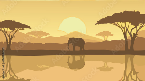 African savanna scene with an elephant and sunset reflection