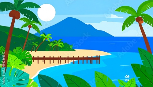 Tropical Beach Landscape Illustration with Palm Trees Pier and Blue Mountain