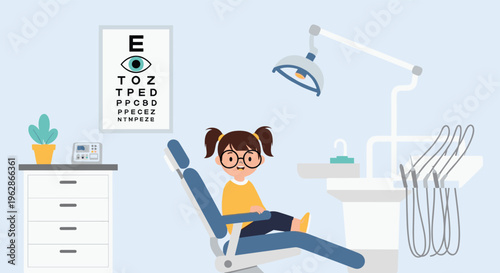 Young girl with glasses and pigtails sitting patiently in a medical examination chair at a clinic for a checkup.