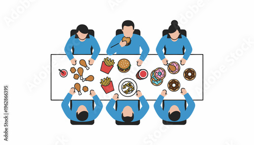 Overhead view of six people enjoying a fast food meal together at a table, featuring fried chicken, fries, burgers, and donuts.
