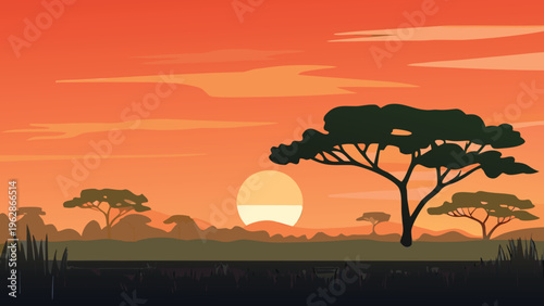 African savanna landscape with silhouetted trees during a vibrant sunset