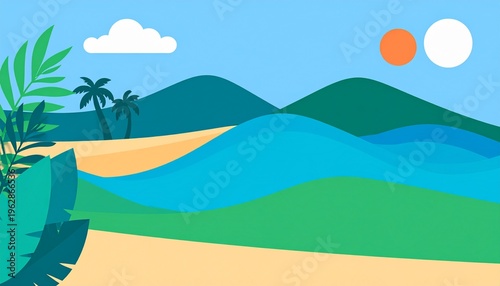 Vibrant Flat Design Tropical Beach Landscape with Mountains and Waves